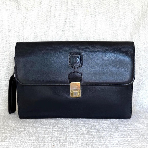 Celine Handbags - Vintage Celine Black Leather‎ Clutch Document/Travel Organizer Gold Push-Lock